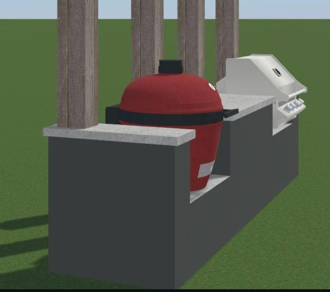 Three-dimensional model of the outdoor kitchen, drawn before any material is ordered
