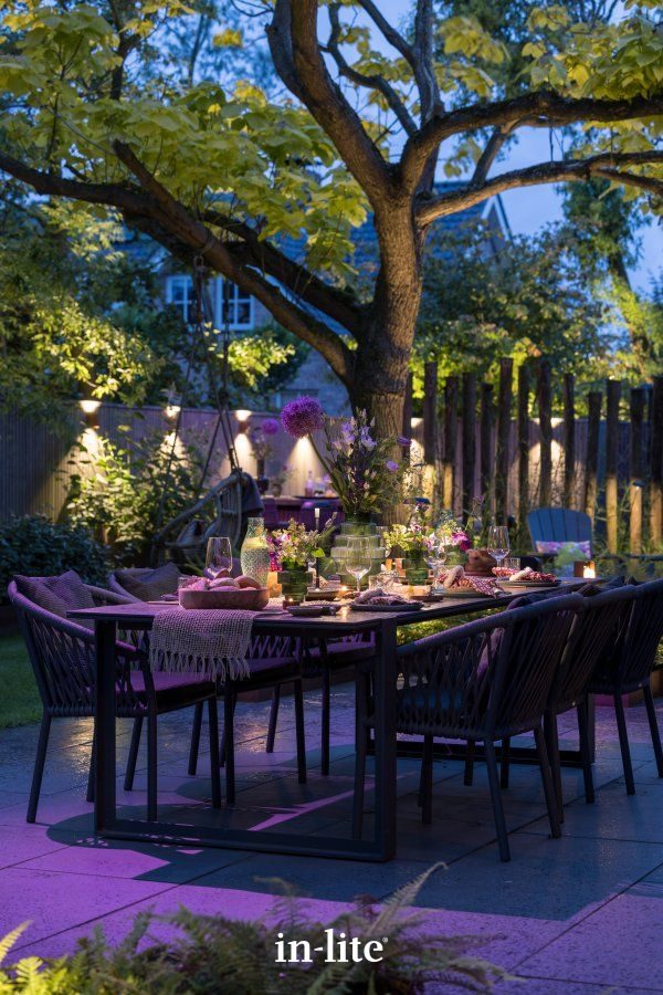 Backyard dining area lit for evening use