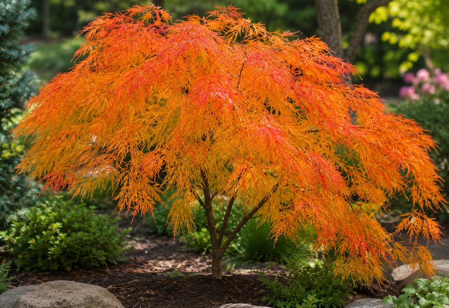 Cut-leaf Japanese maple in full orange autumn colour beside boulders